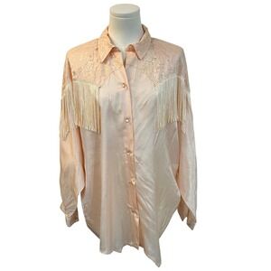 Vintage Western Fringe Lace Yoke Blouse Peach Cowgirl Festival Top 2XL